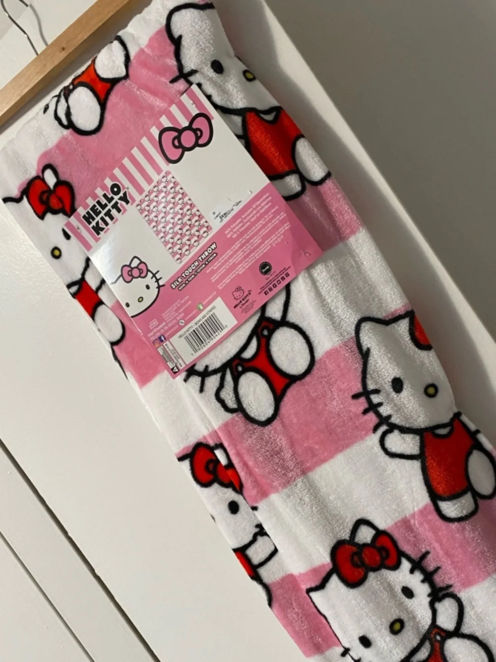 Hello Kitty Pink White Striped Plush Throw Blanket with Red Accents